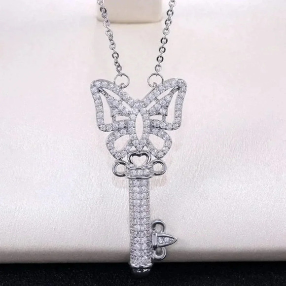 NEW Silver Diamond Butterfly Key Pendant Necklace - Picture 4 of 8